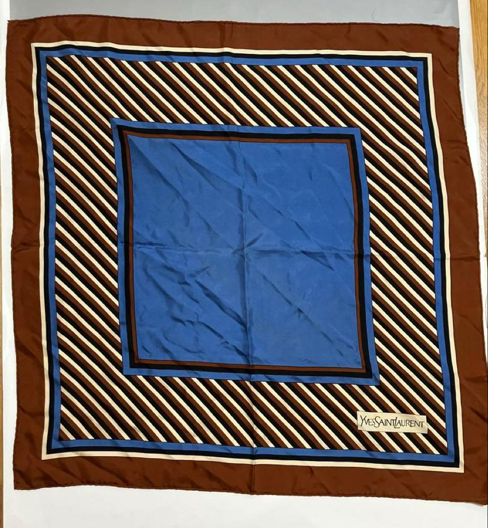 ビンテージ イヴサンローラン シルクスカーフ ブルー×ブラウン ストライプ 大判