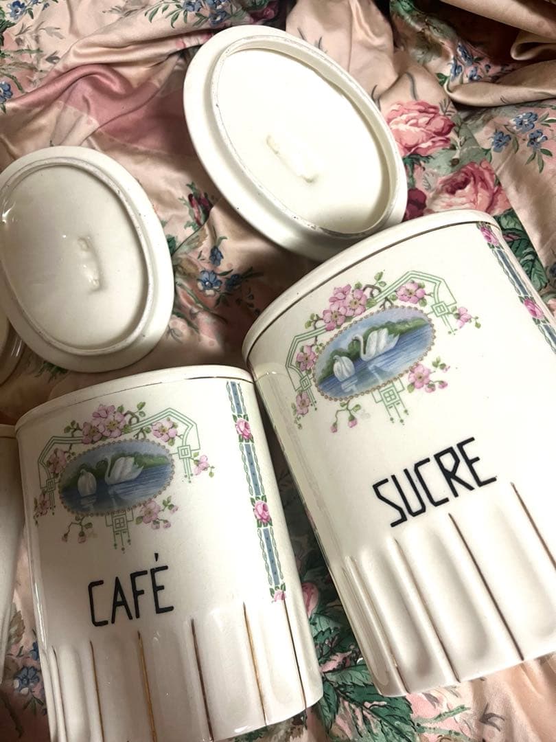 お値下げ　フランスアンティーク　小花&バラ&白鳥　キャニスター　4Pセット　陶器