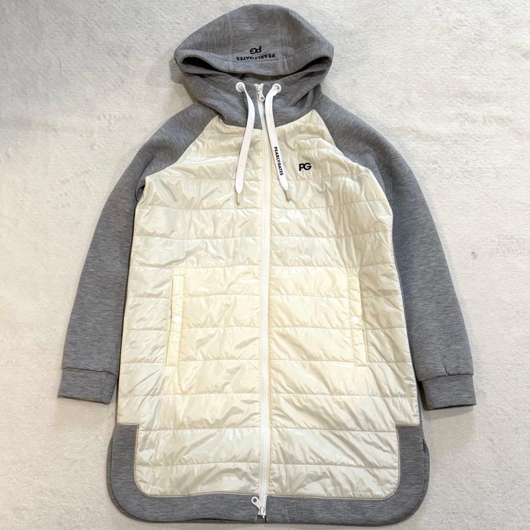 パーリーゲイツ　中綿ロングパーカー　蓄熱裏地　グレー×オフホワイト　ゴルフ
