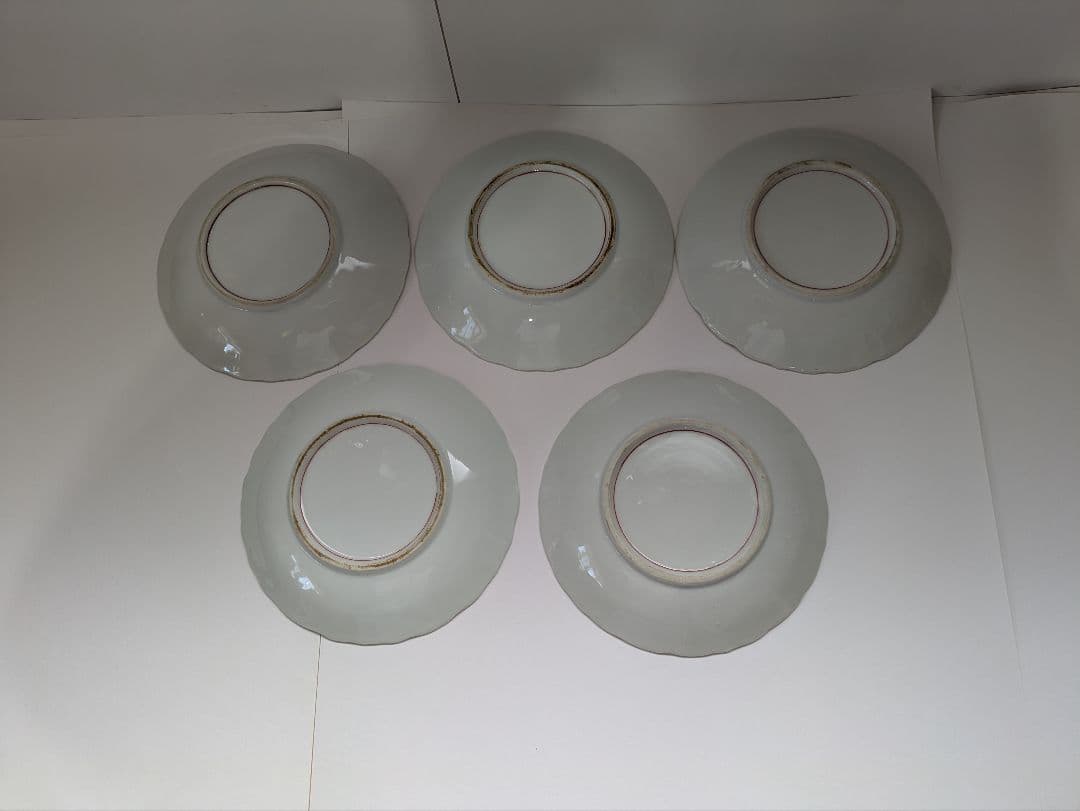 古伊万里、『白磁陽刻・色絵麒麟文輪花皿』、5客、銘無、箱無