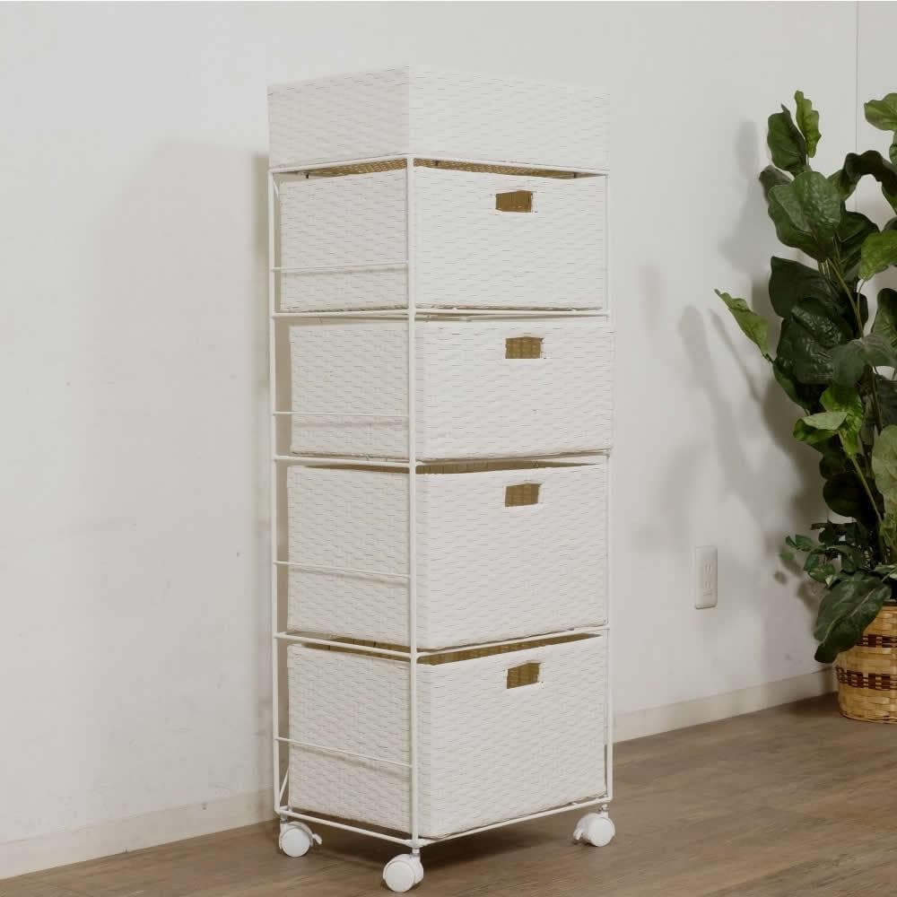 【新品】ランドリーチェスト ホワイト　4段（5杯）キャスター付