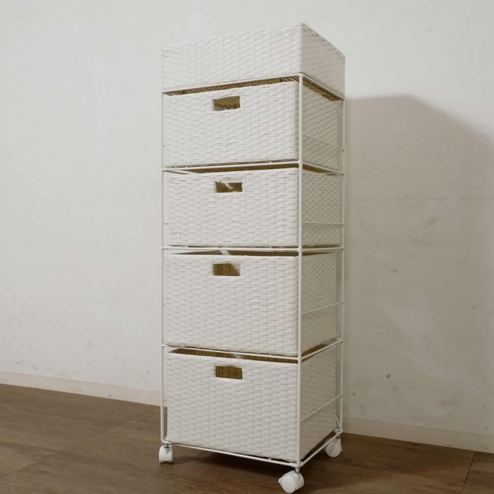 【新品】ランドリーチェスト ホワイト　4段（5杯）キャスター付