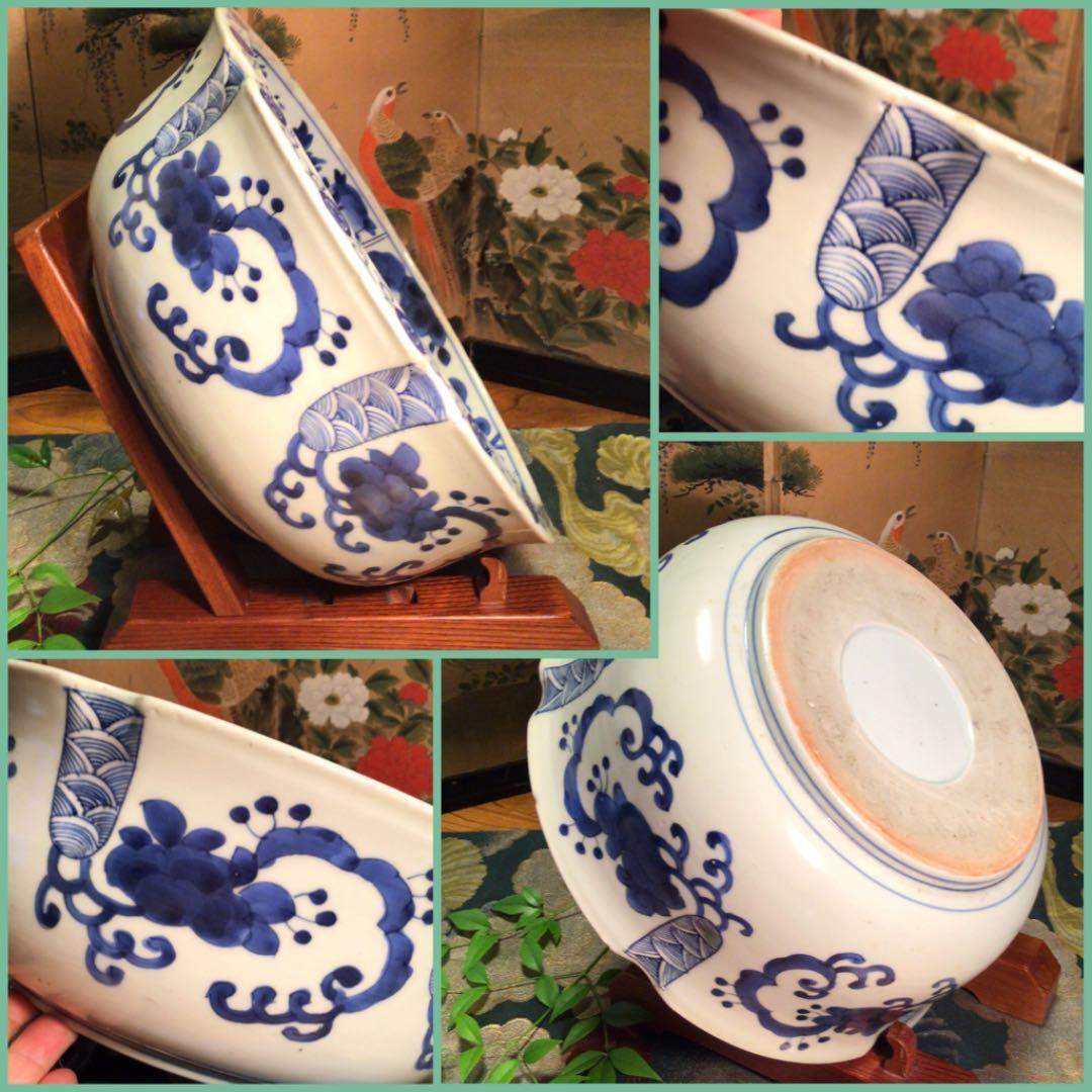 A554 古伊万里　染付　牡丹に山茶花紋様　輪花型　大鉢　　1客