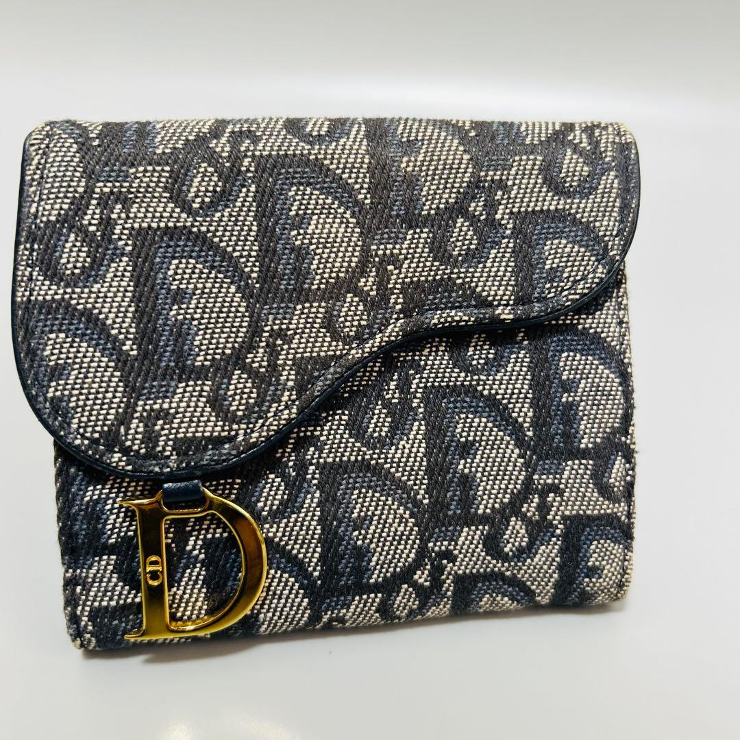 クリスチャンディオール 二つ折り財布 トロッター柄 サドル D金具 キャンバス