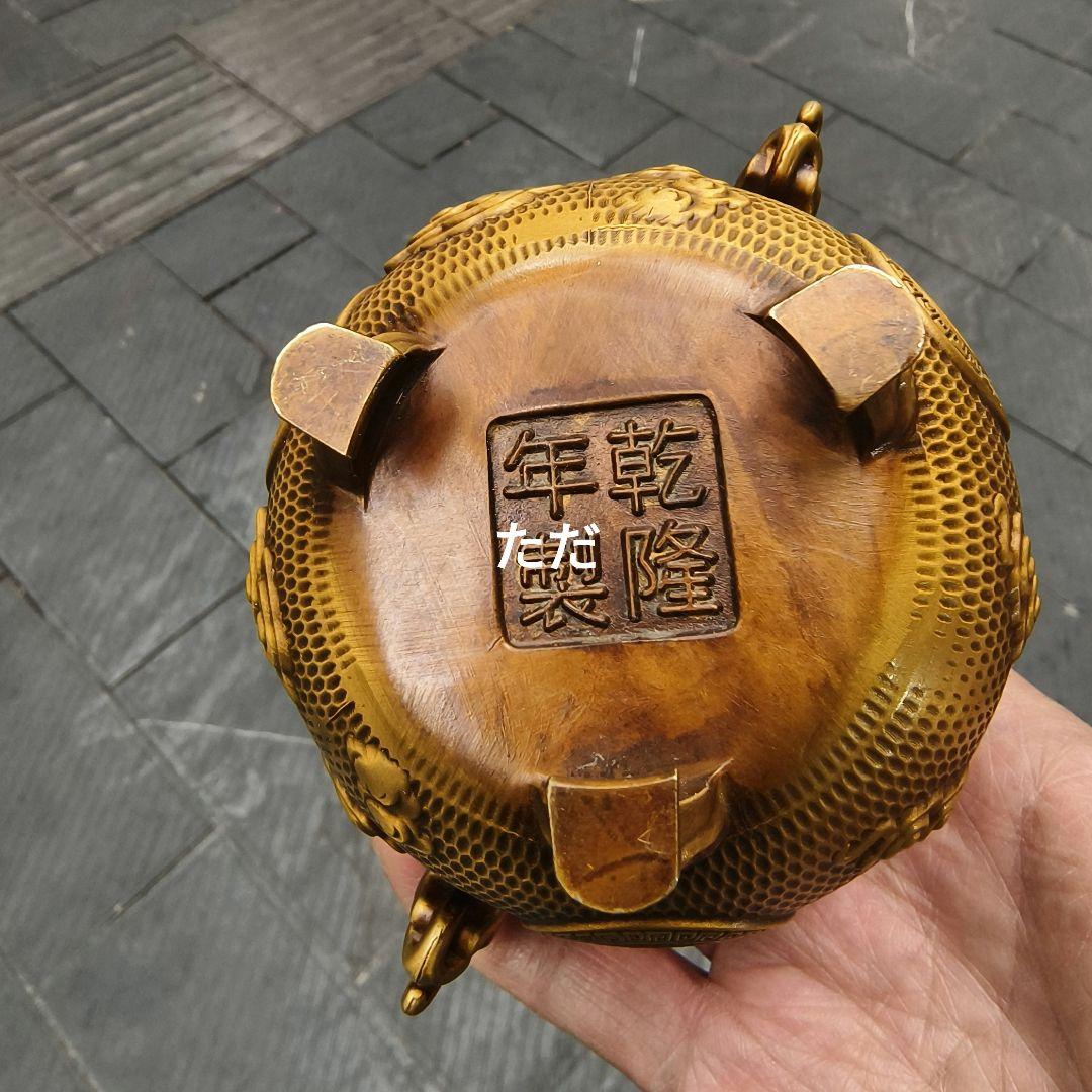 銅器 獅子蓋聚宝盆双耳三足香炉 銅炉 室内薫香炉 工芸品 置物