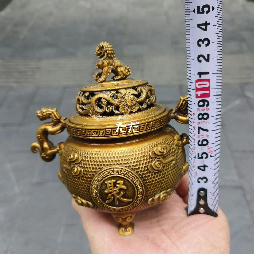 銅器 獅子蓋聚宝盆双耳三足香炉 銅炉 室内薫香炉 工芸品 置物