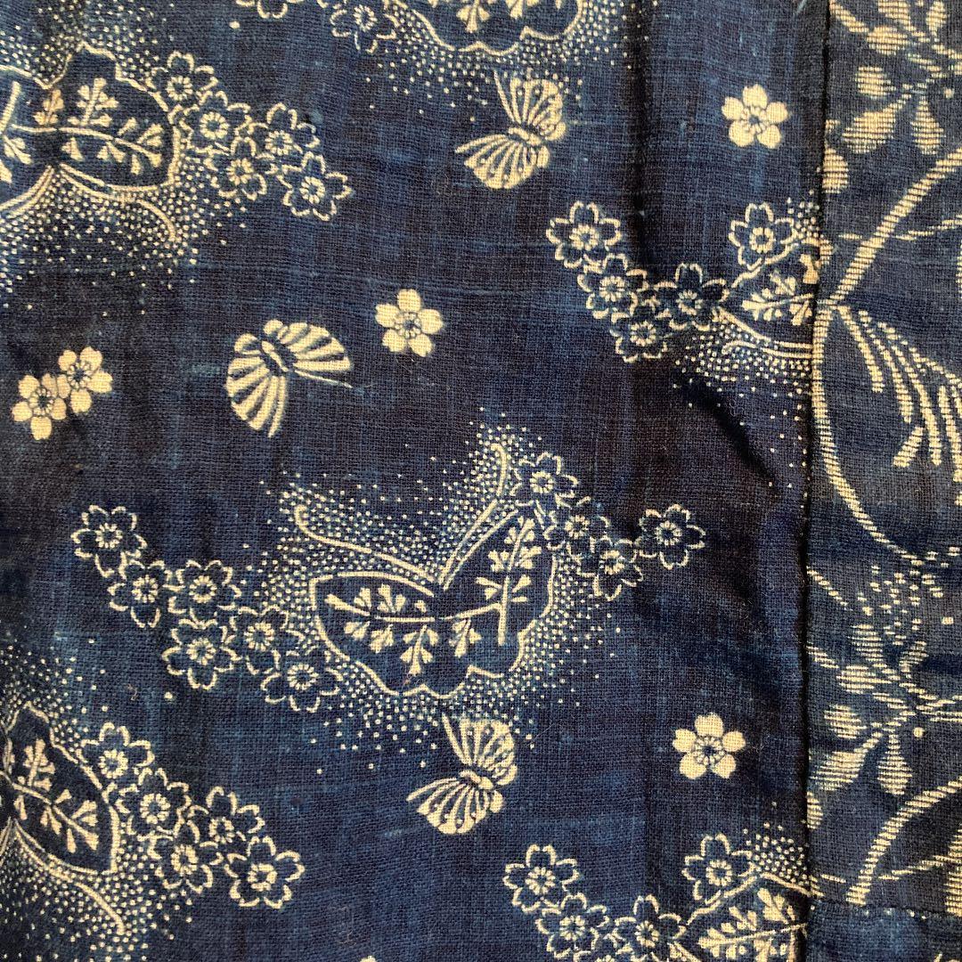 古布　半襦袢　両面染め　型染　藍染　蝶々　桜