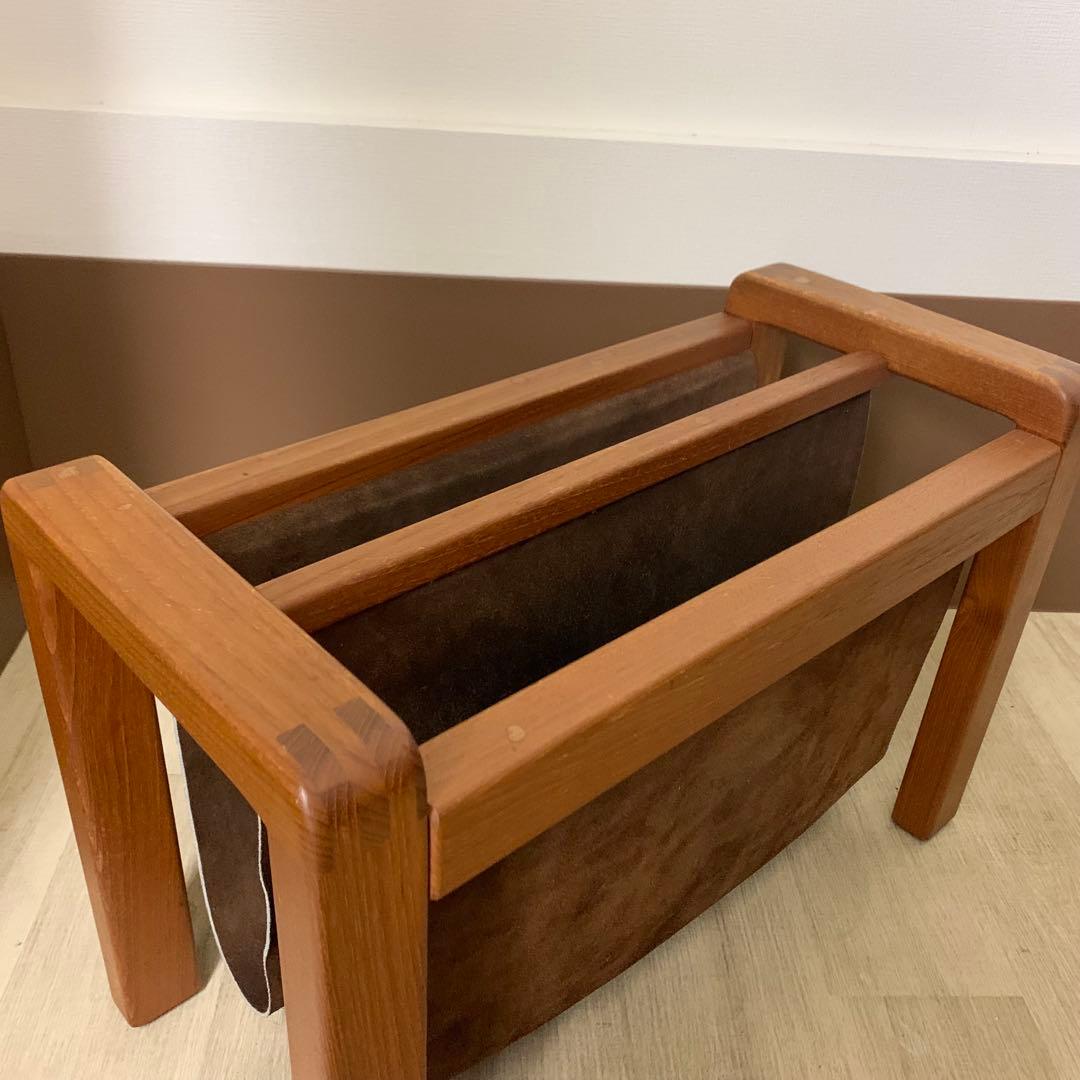 北欧デンマーク マガジンラック チーク材 本革 ヴィンテージ