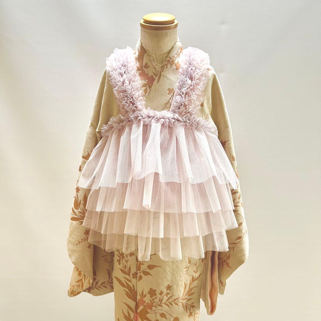 被布エプロン【 babyピンクラベンダーフリル】　チュール被布　七五三着物　被布