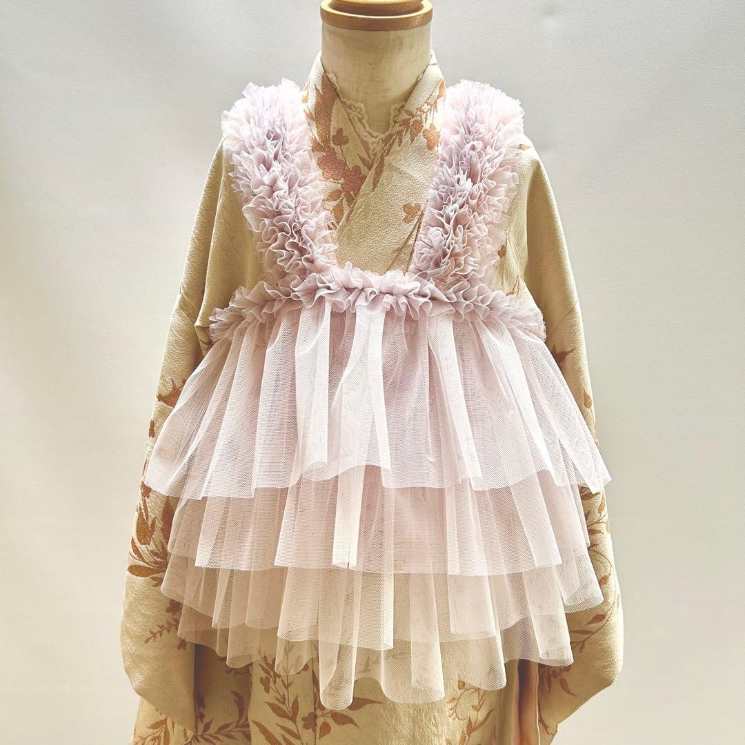 被布エプロン【 babyピンクラベンダーフリル】　チュール被布　七五三着物　被布