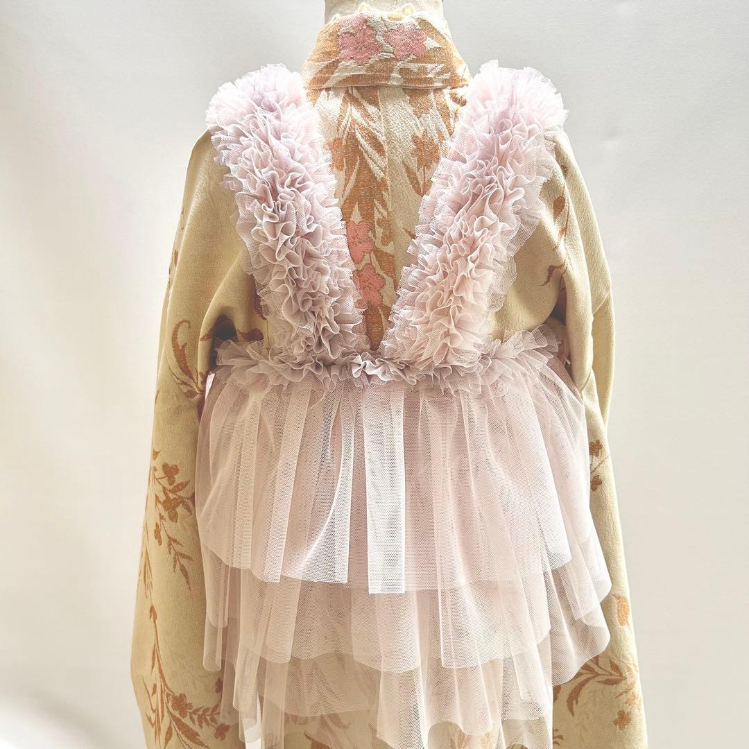 被布エプロン【 babyピンクラベンダーフリル】　チュール被布　七五三着物　被布