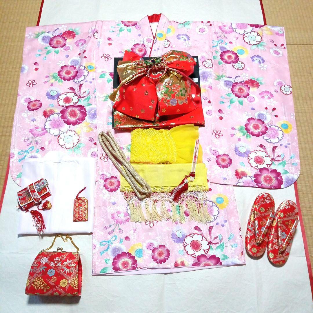 七五三　七歳　着物・長襦袢・未使用結び帯フルセット　(32)