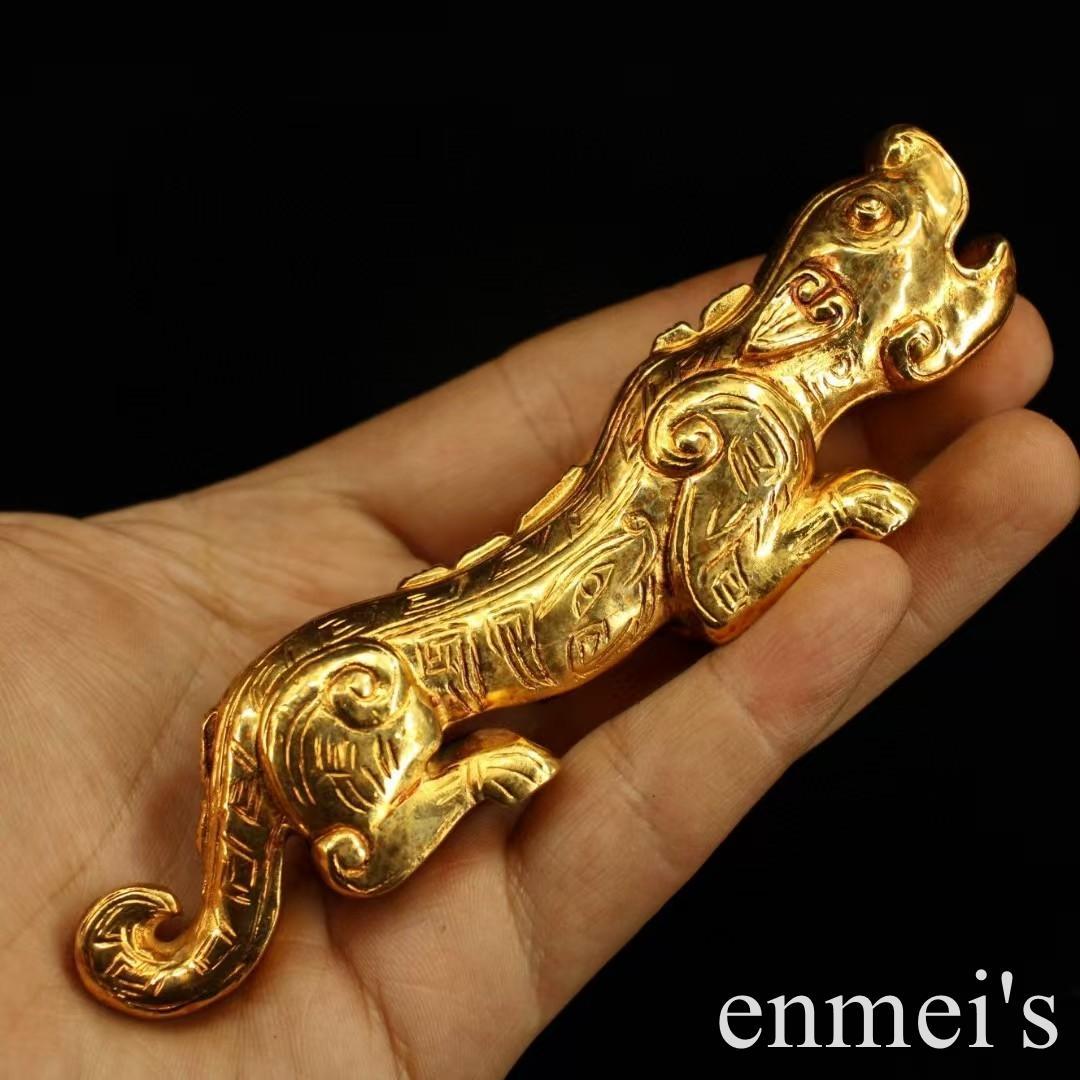 中国古美術・旧蔵鎏金の虎符セット・兵符・純銅製・高浮彫・置物・文房具・風水開運