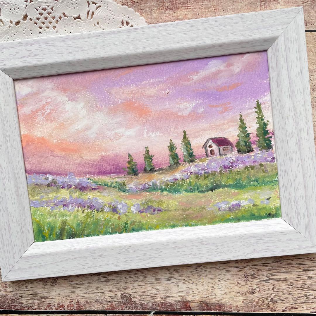 オイルパステル画　アクリル画　美しい夕陽の風景　風景画　ご予約品