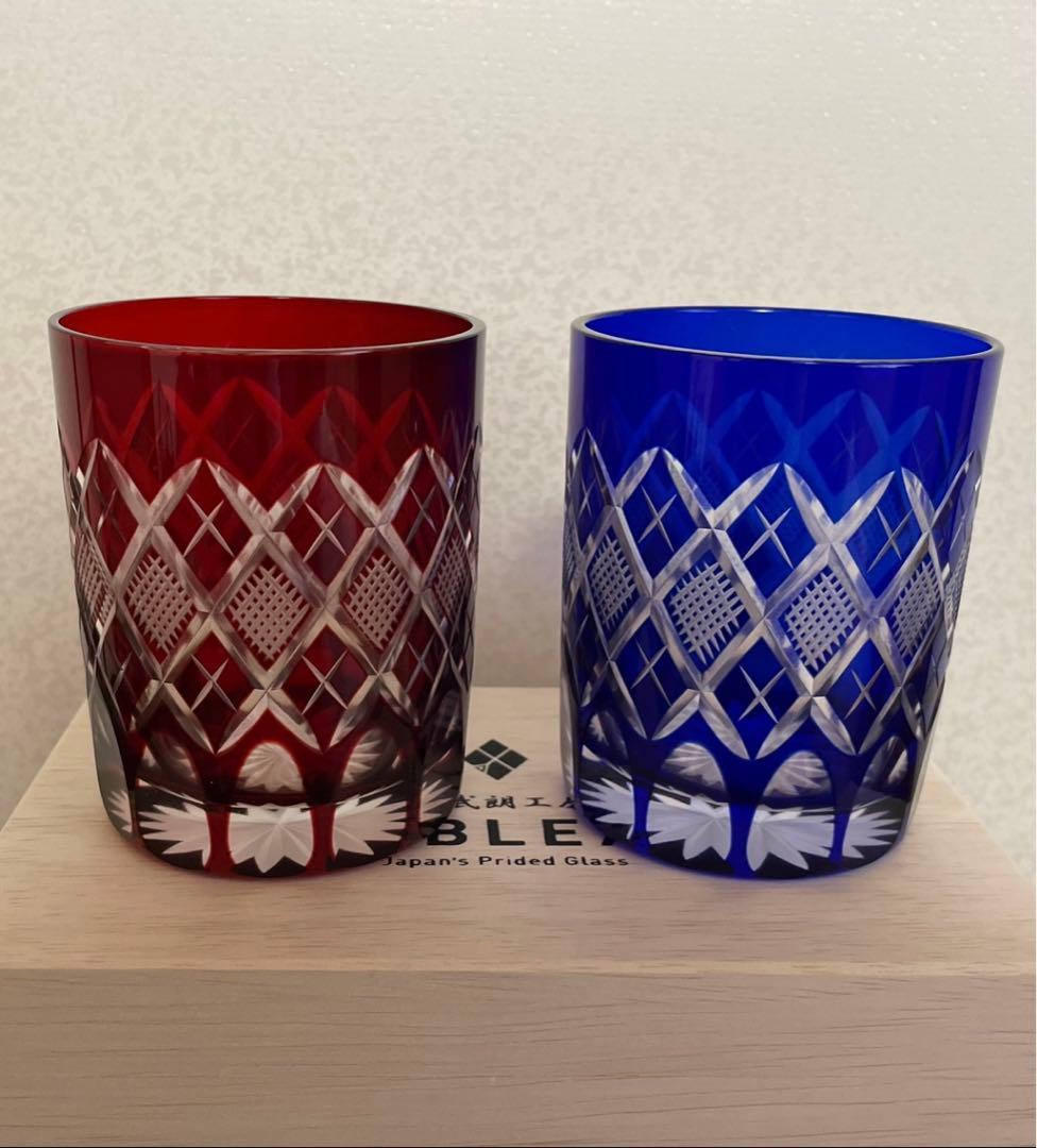 新品・未使用品 太武朗工房　江戸切子 オールドグラス ペア 赤・ルリ　木箱入り