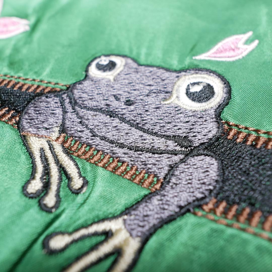美品【参丸一】スカジャン XL ファスナーの中住蛙 桜蛙 リバーシブル グリーン