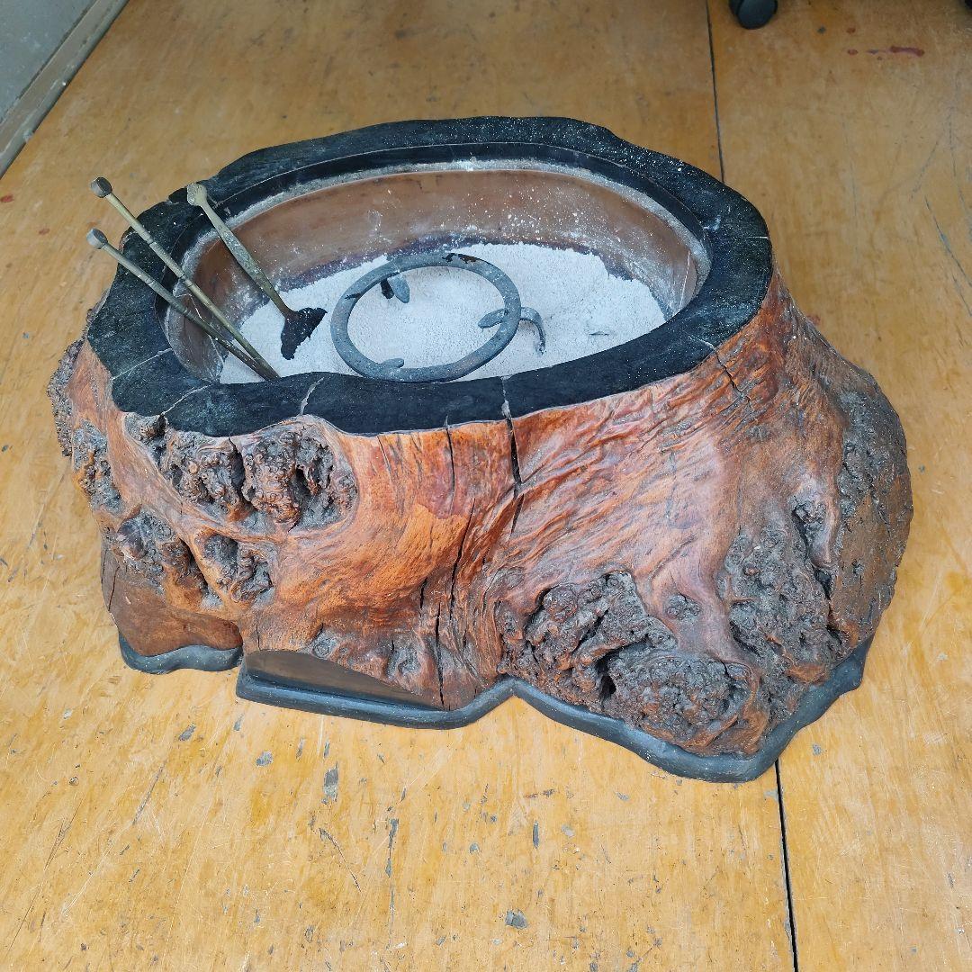 天然切株 銅の入れ子 火鉢　灰、 五徳、火箸、灰ならし付き　すぐ使える！