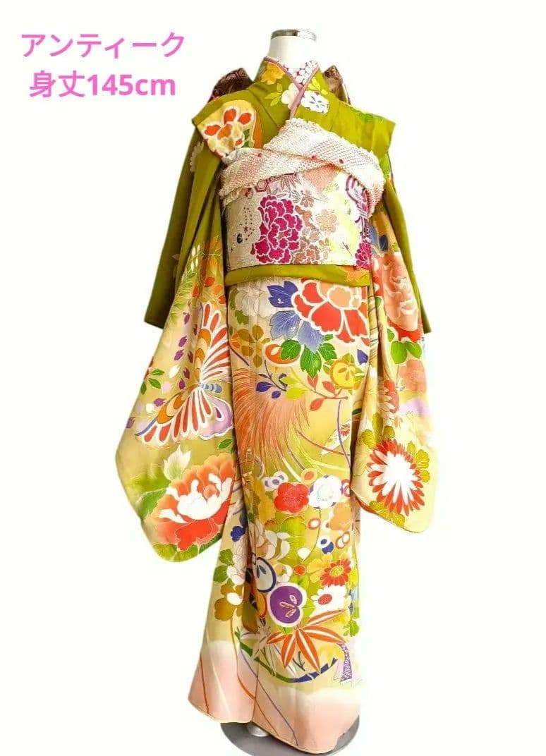 アンティーク大正ロマン☆抹茶色にぼかし　刺繍着物単品
