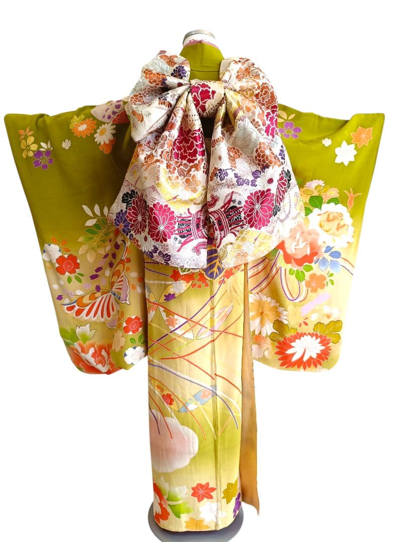 アンティーク大正ロマン☆抹茶色にぼかし　刺繍着物単品