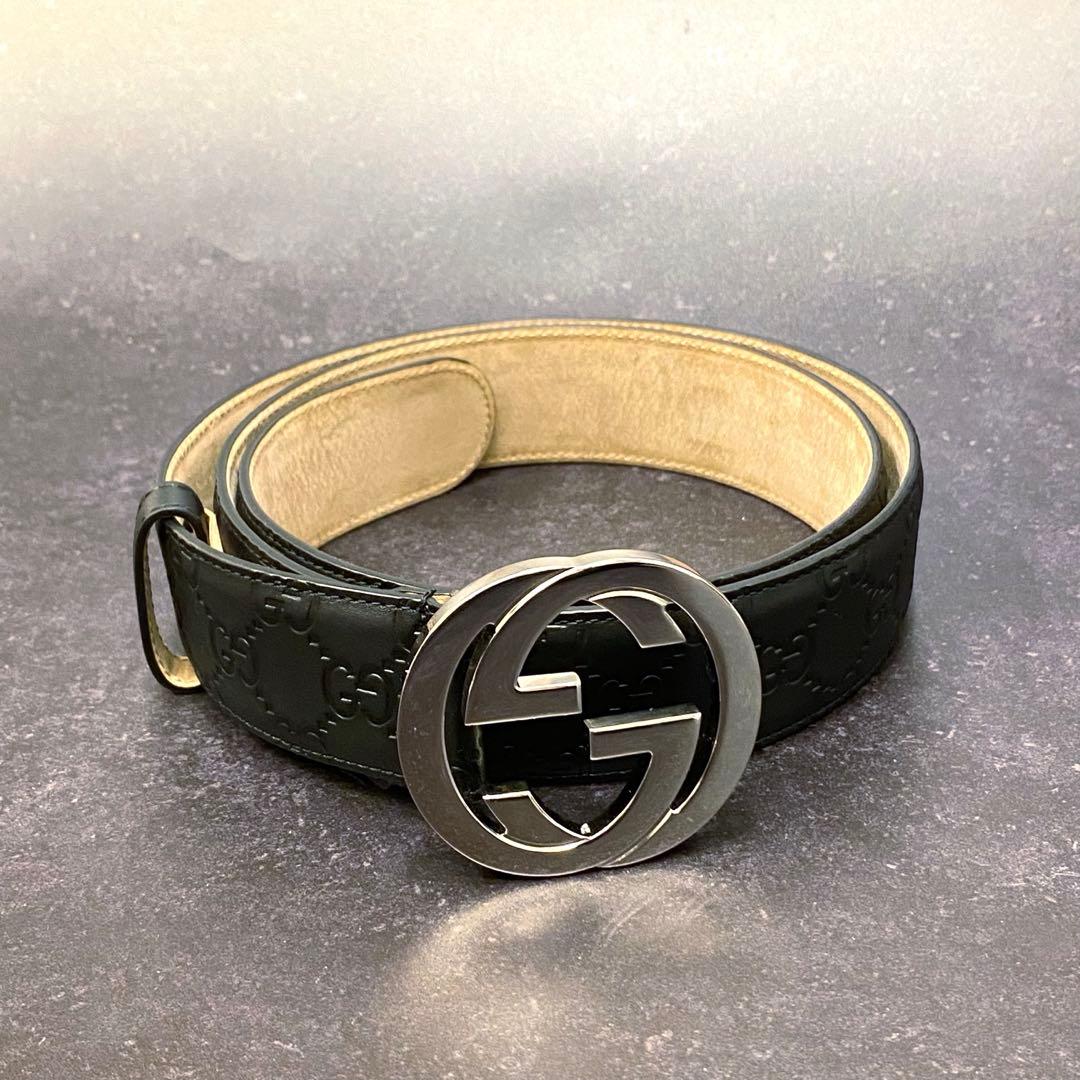 美品　グッチ　GUCCI　ベルト　シマ　レザー　インターロッキング　GG　黒