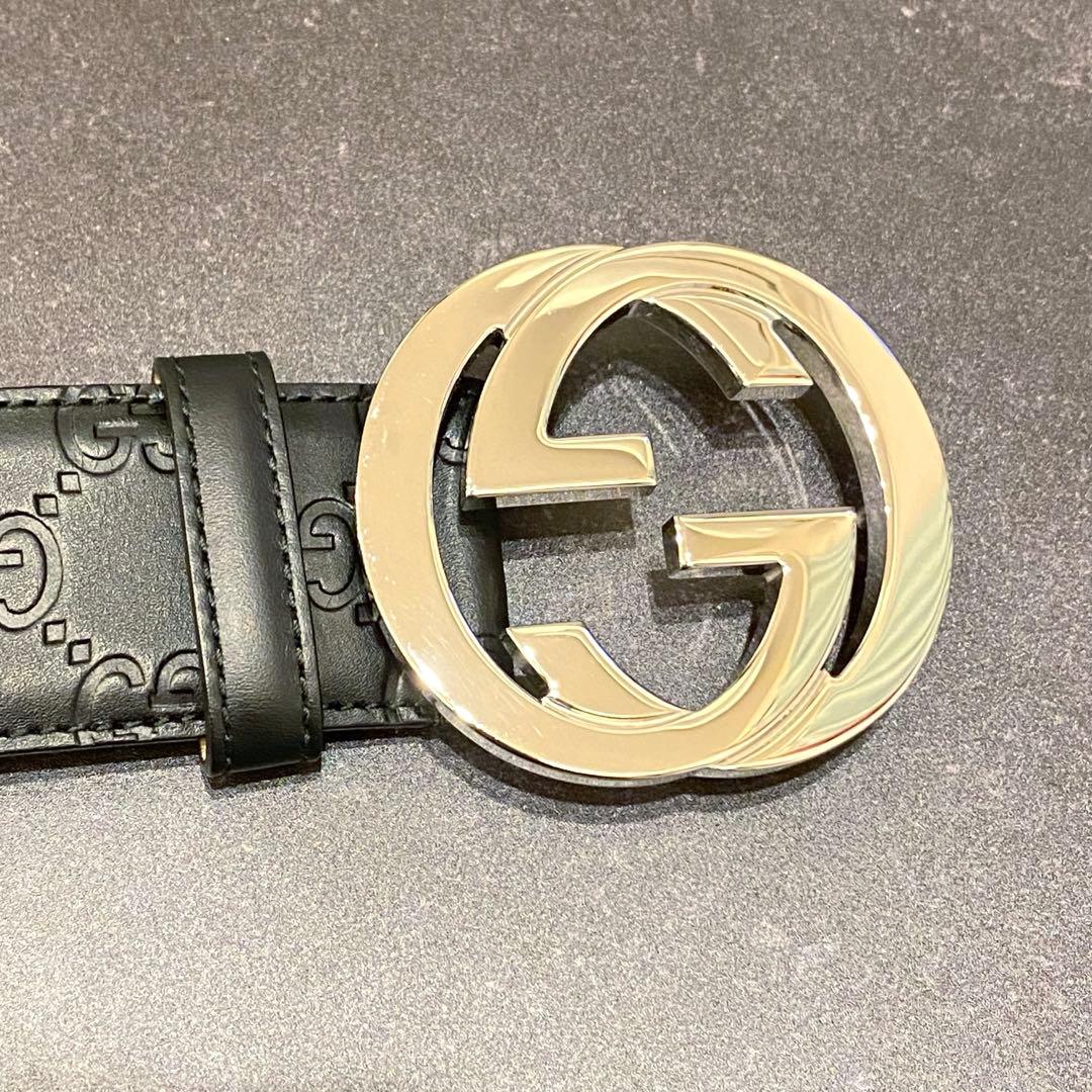 美品　グッチ　GUCCI　ベルト　シマ　レザー　インターロッキング　GG　黒