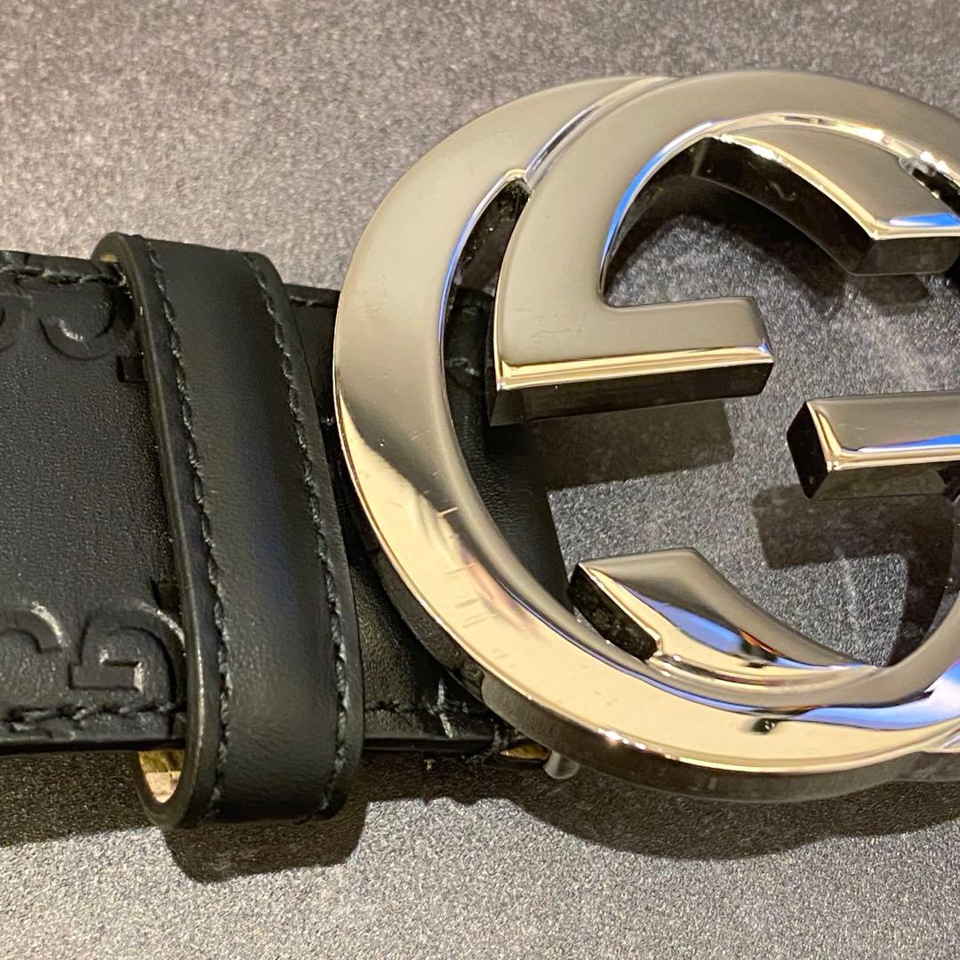 美品　グッチ　GUCCI　ベルト　シマ　レザー　インターロッキング　GG　黒