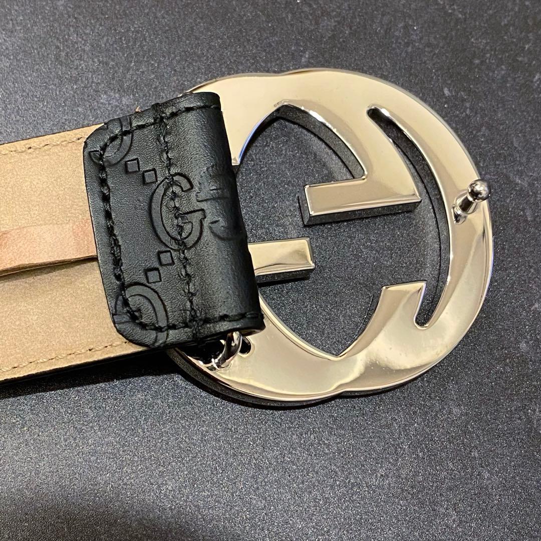 美品　グッチ　GUCCI　ベルト　シマ　レザー　インターロッキング　GG　黒
