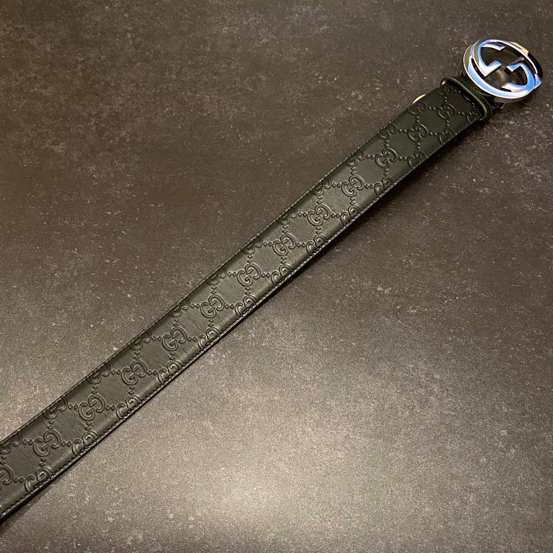 美品　グッチ　GUCCI　ベルト　シマ　レザー　インターロッキング　GG　黒