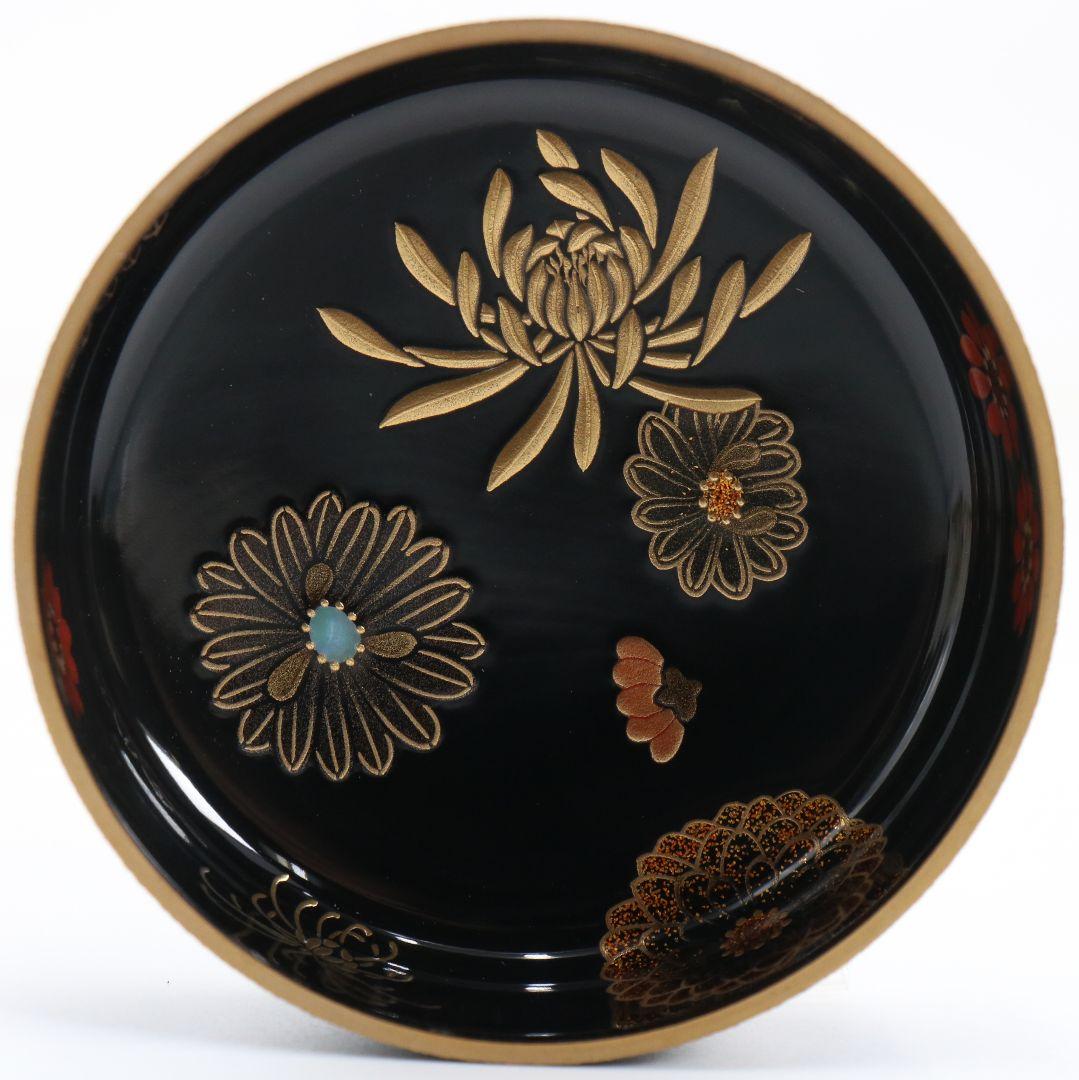 古川治樹作 乾漆 菊蒔絵 大棗 花蒔絵 茶道具 共箱　V948　N8