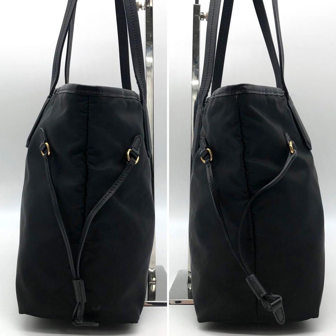 プラダ トートバッグ メタルロゴ ゴールド金具 A4可能 ナイロン レザー 黒