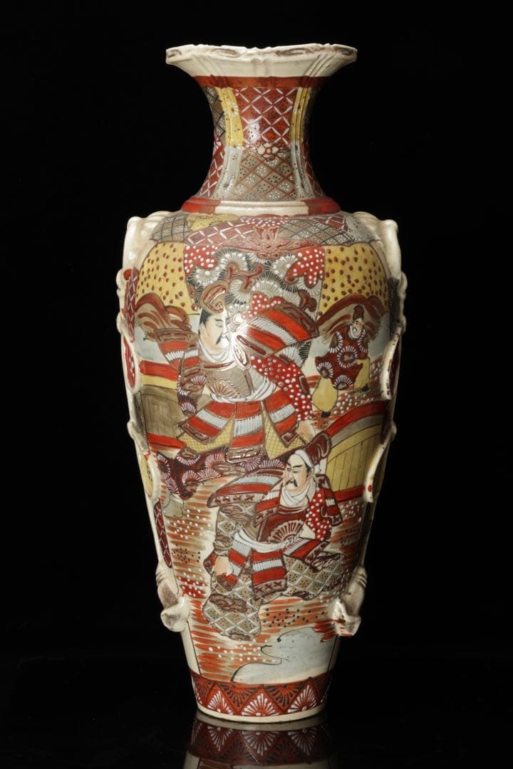 薩摩焼 色絵金彩 武者人物図大花瓶 54㎝ 耳付 飾壺 古美術 骨董品 時代物