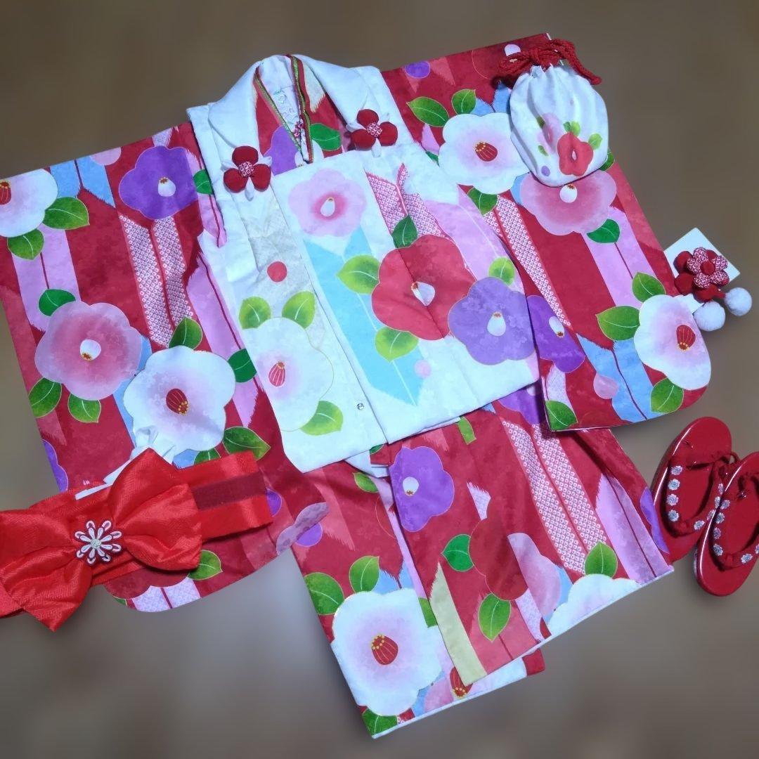 三歳★花ひめ★椿と矢羽根★被布着物小物フルセット★赤ピンク