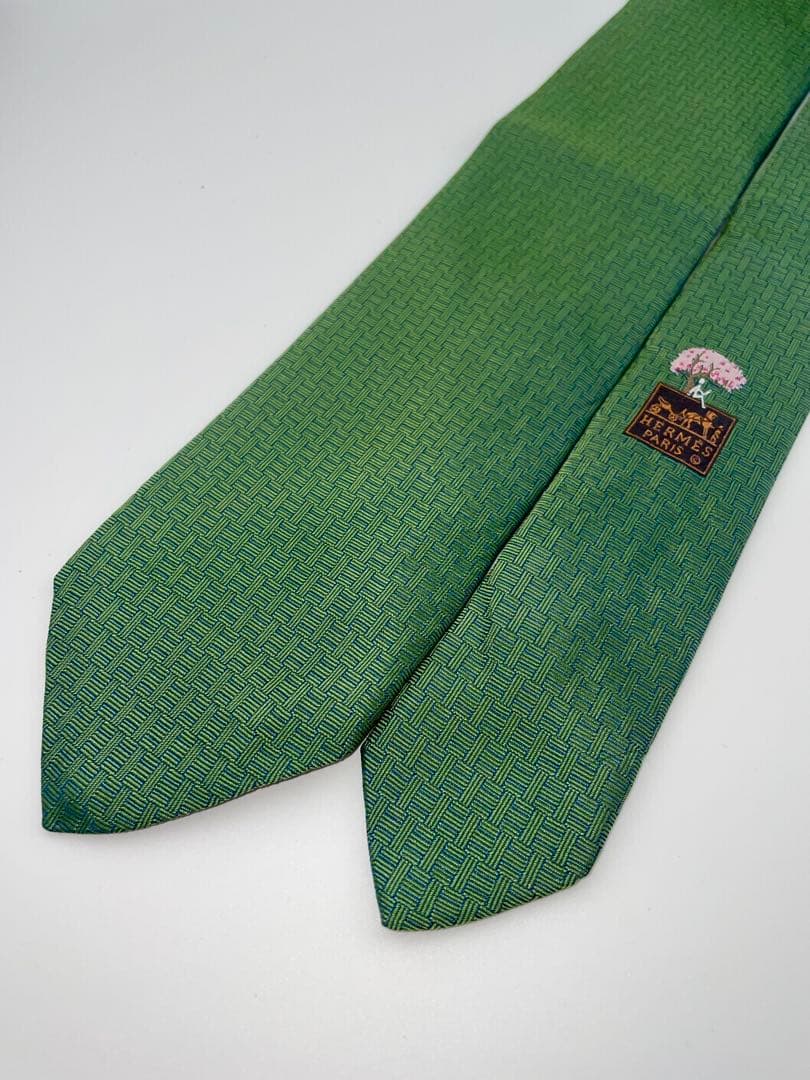 美品 エルメス ハイブランド ネクタイ ファソネ H柄 グリーン 桜柄 花柄 春