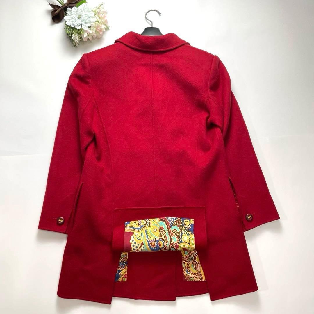 カシミヤ100%✨レオナール ロングコート シルク 総柄 赤 ロゴ入り 美品