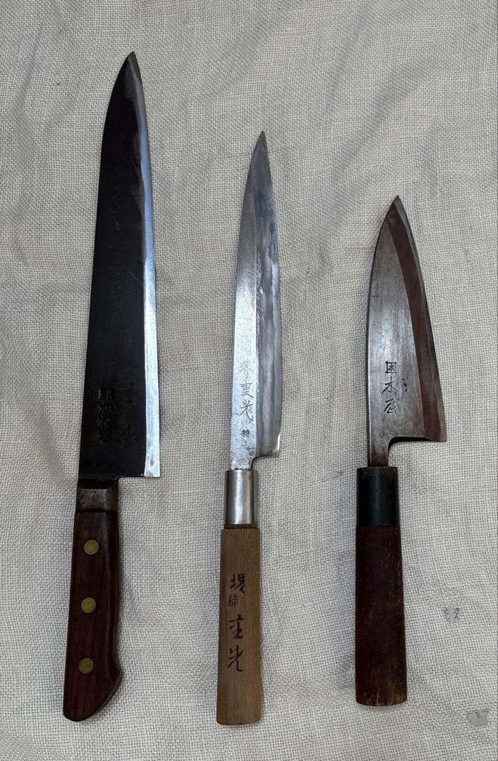 中古　研ぎ済み包丁3点　出刃包丁(木屋)、牛刀(かね惣)、刺身包丁(堺　重光)
