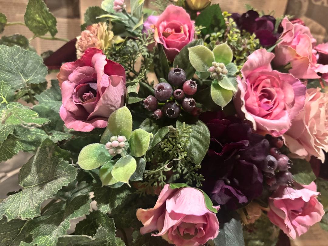 1点モノ☆薔薇と秋色紫陽花のホリゾンタルアレンジ