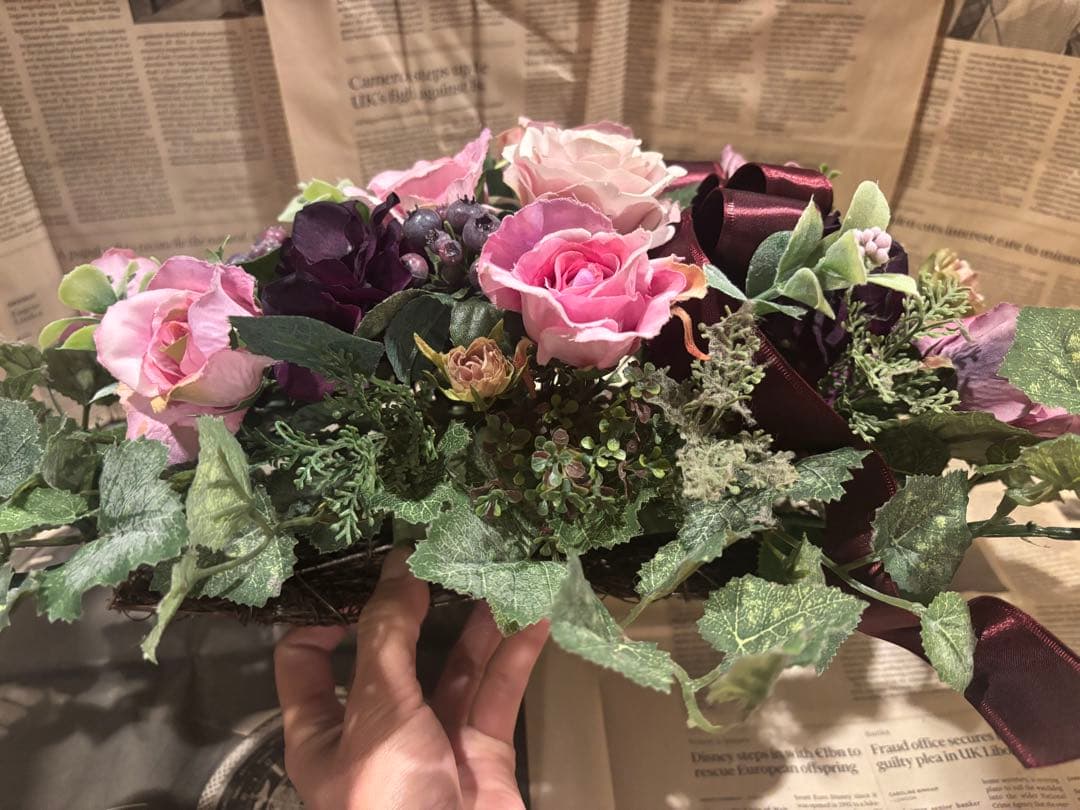 1点モノ☆薔薇と秋色紫陽花のホリゾンタルアレンジ