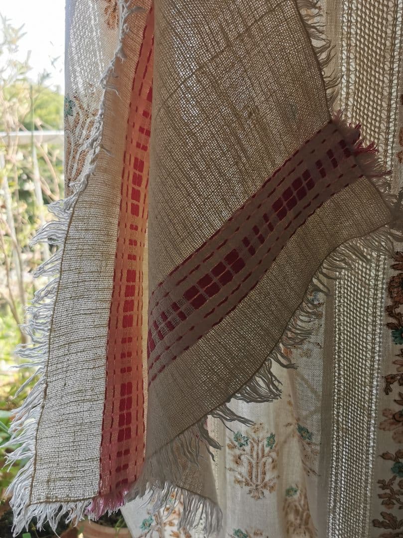 ヴィンテージ フランス ラズベリー桜ピンク織刺繍 プレイスマット リネンランナー