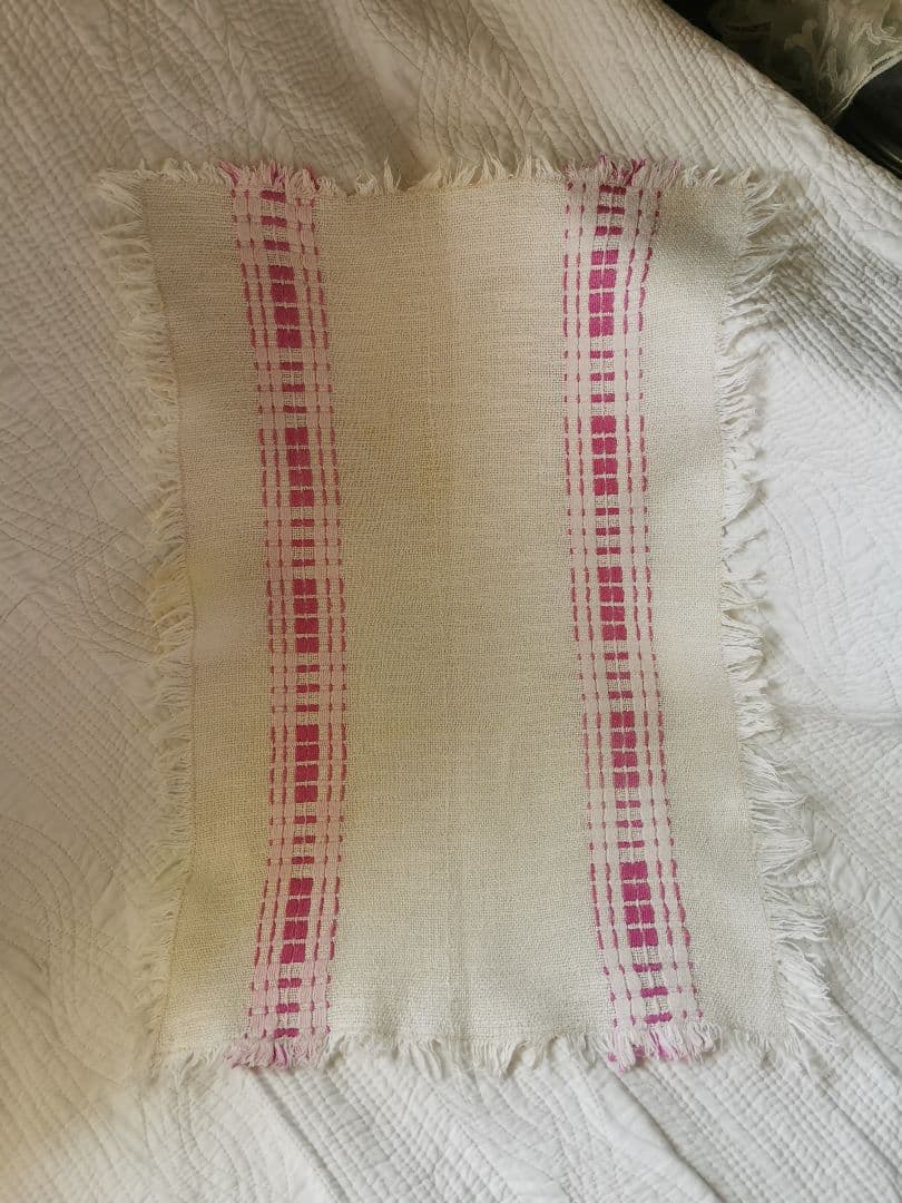 ヴィンテージ フランス ラズベリー桜ピンク織刺繍 プレイスマット リネンランナー