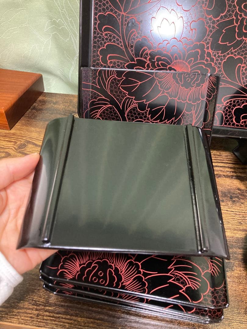 リ*ィ様 輪島塗 お手元箱 沈朱牡丹彫 牡丹文様 角盆 角皿　ボタン 茶托 煎茶