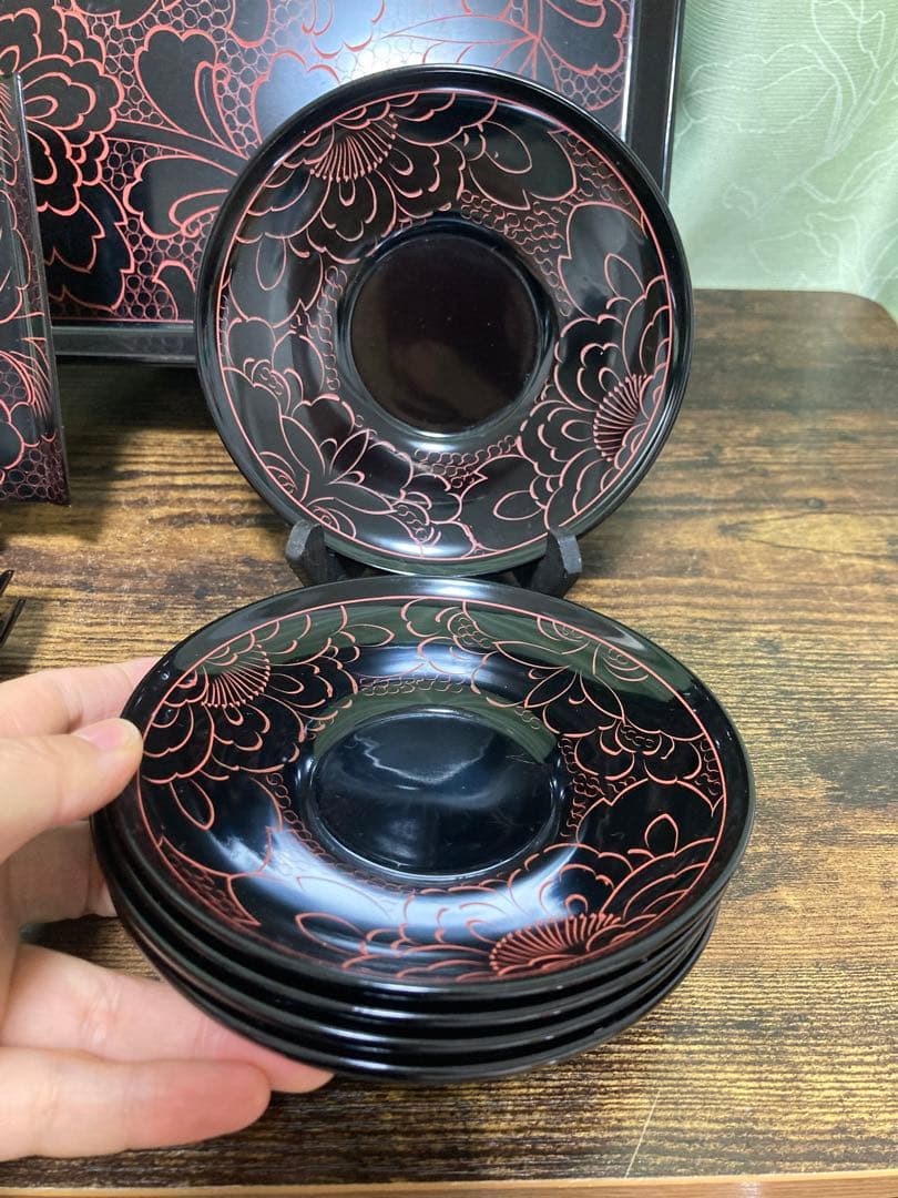 リ*ィ様 輪島塗 お手元箱 沈朱牡丹彫 牡丹文様 角盆 角皿　ボタン 茶托 煎茶