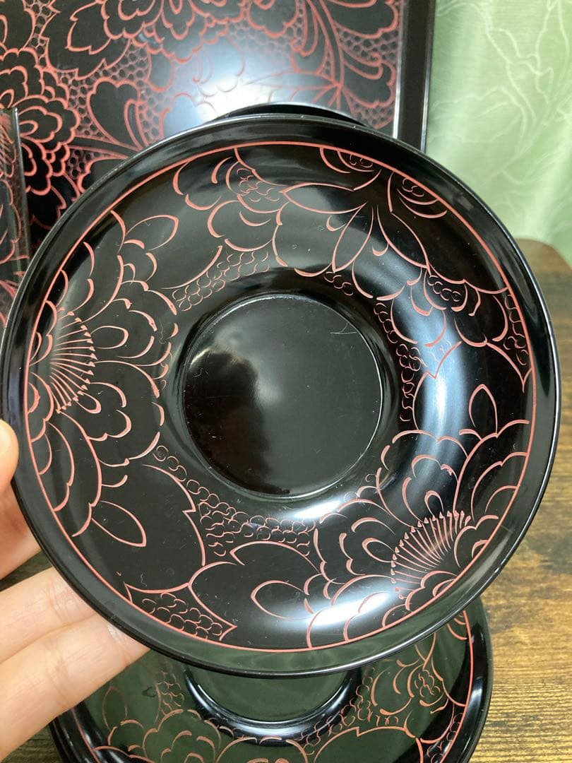 リ*ィ様 輪島塗 お手元箱 沈朱牡丹彫 牡丹文様 角盆 角皿　ボタン 茶托 煎茶