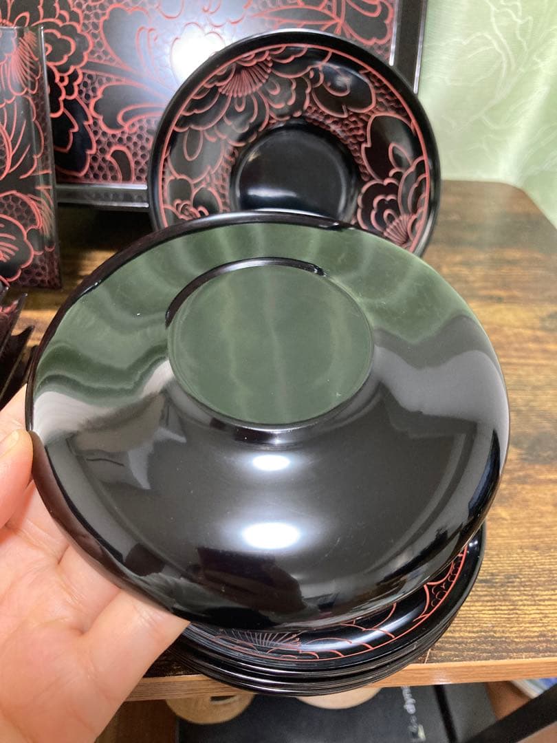 リ*ィ様 輪島塗 お手元箱 沈朱牡丹彫 牡丹文様 角盆 角皿　ボタン 茶托 煎茶