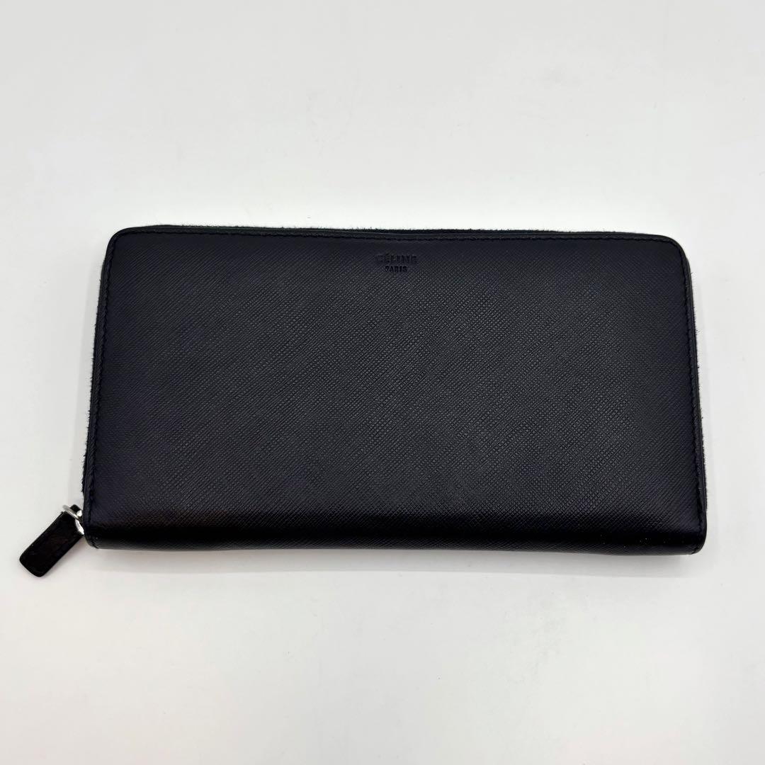 【美品】セリーヌ 長財布 レザー ラウンドファスナー ロゴ型押し ネイビー