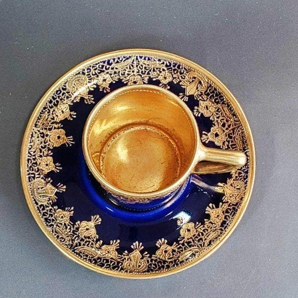 初期オールドノリタケ　メープルリーフ印　金盛上藍線帯華装飾紋　カップ　ソーサー