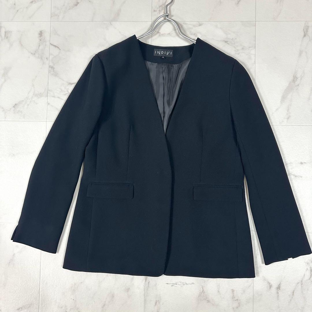【美品】INDIVI ノーカラー　セットアップ ブラック　ストレッチ　L〜XL
