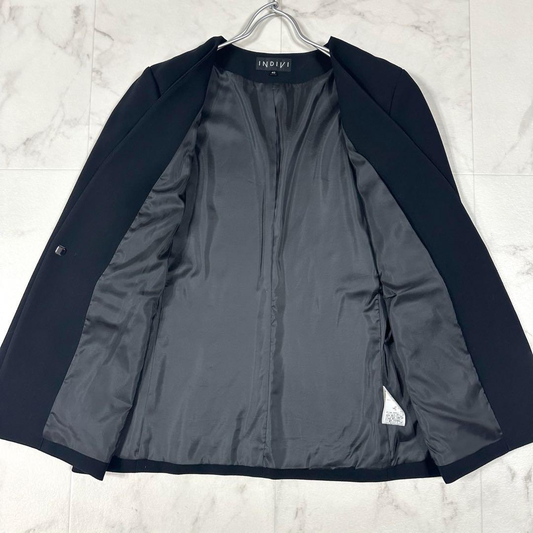 【美品】INDIVI ノーカラー　セットアップ ブラック　ストレッチ　L〜XL