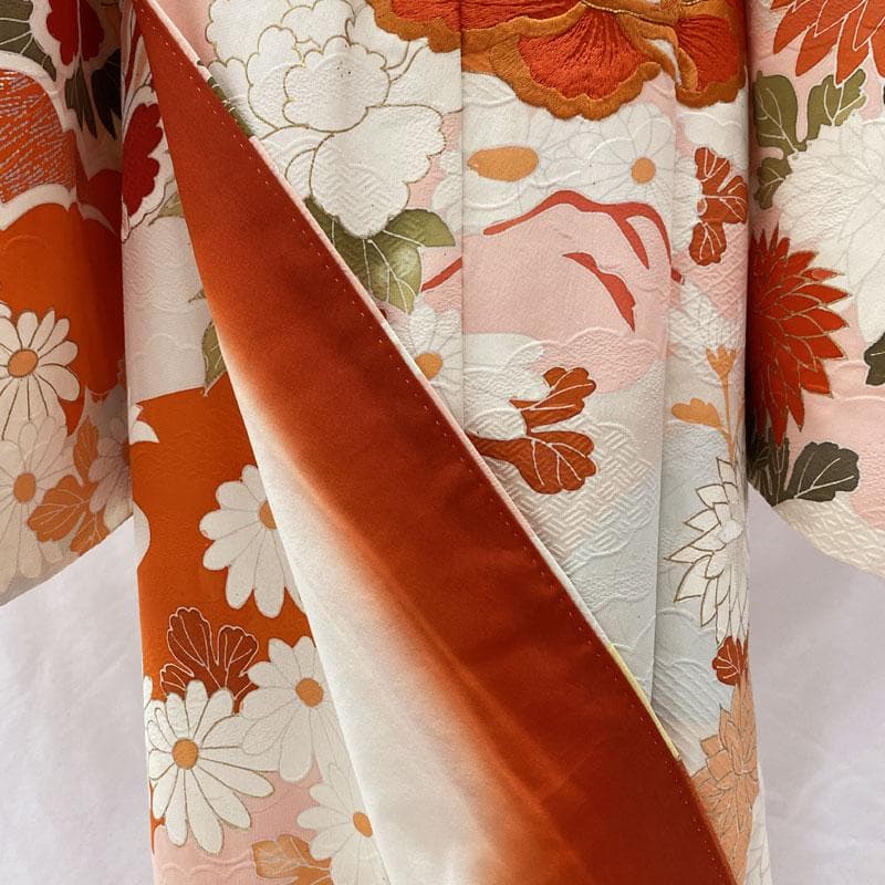504ag78◎七五三 七歳 女児 着物&袋帯 牡丹菊梅松 地紋 金彩 刺繍◎