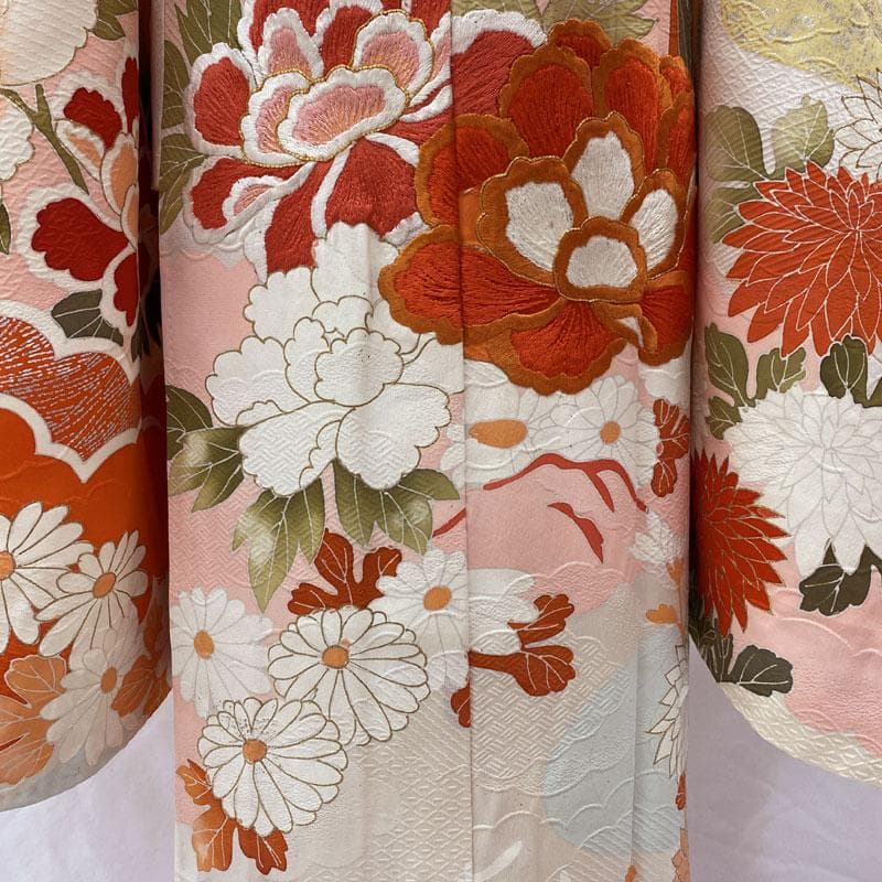 504ag78◎七五三 七歳 女児 着物&袋帯 牡丹菊梅松 地紋 金彩 刺繍◎