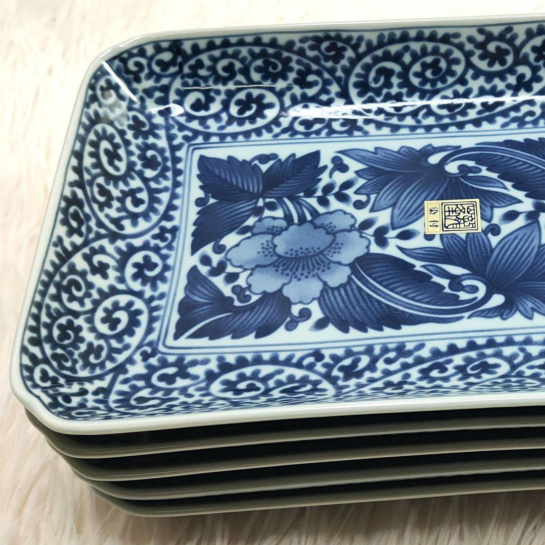 【新品未使用品】龍峰窯 染付古伊万里焼物皿 蛸唐草 牡丹　角皿5枚セット
